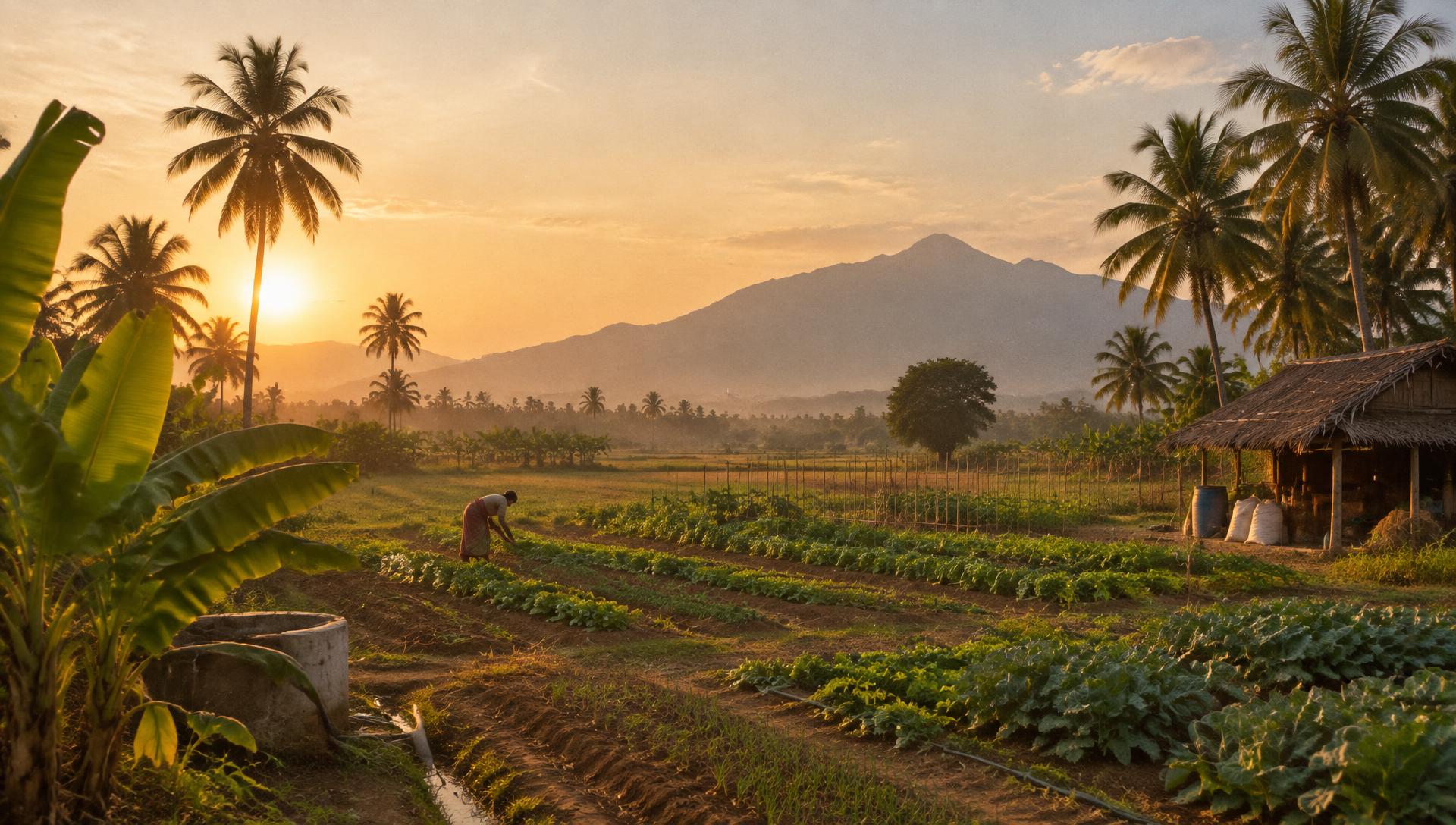 The farm at golden hour with the hills behind