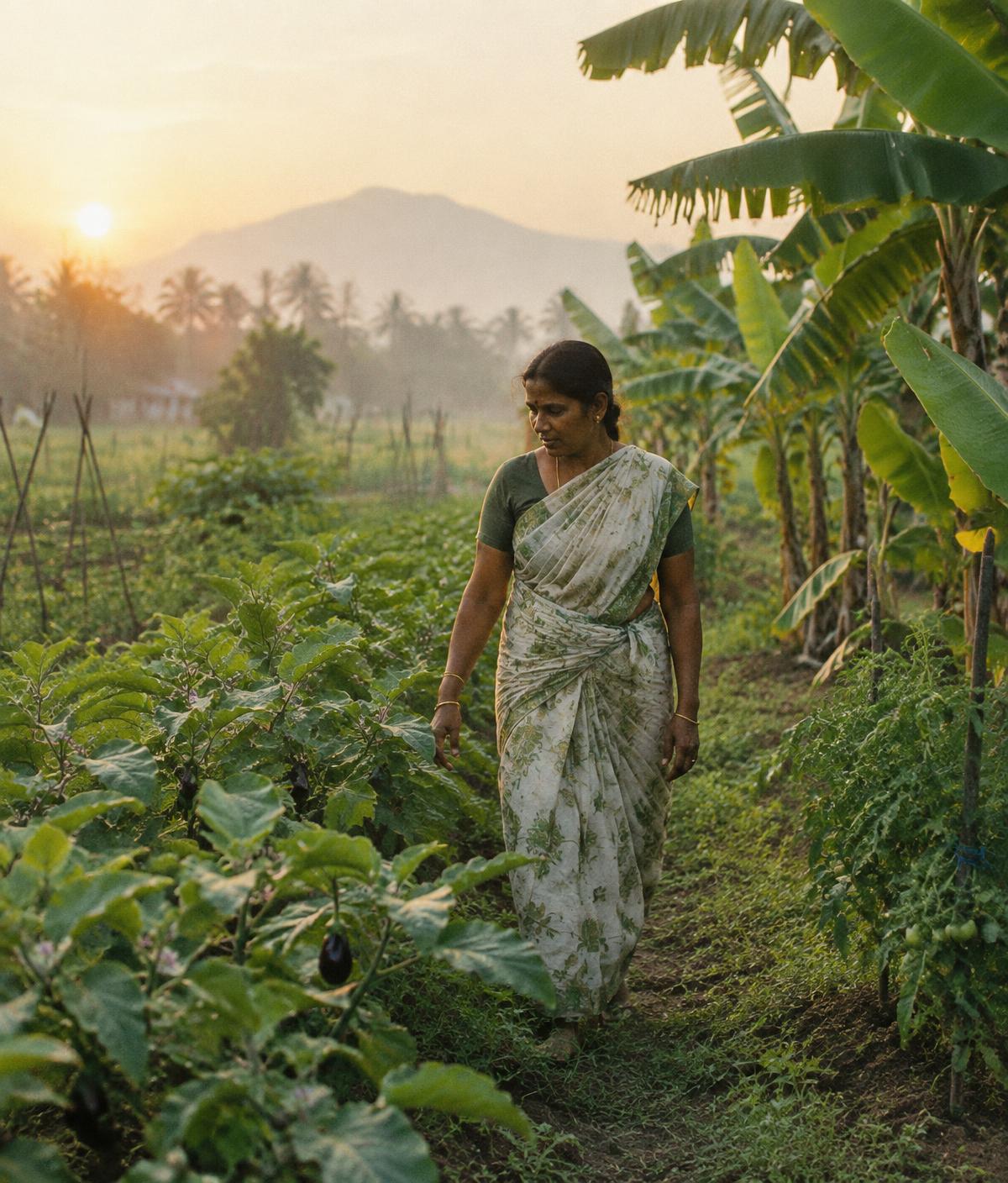 Meena walking between the brinjal rows and banana plants at sunrise