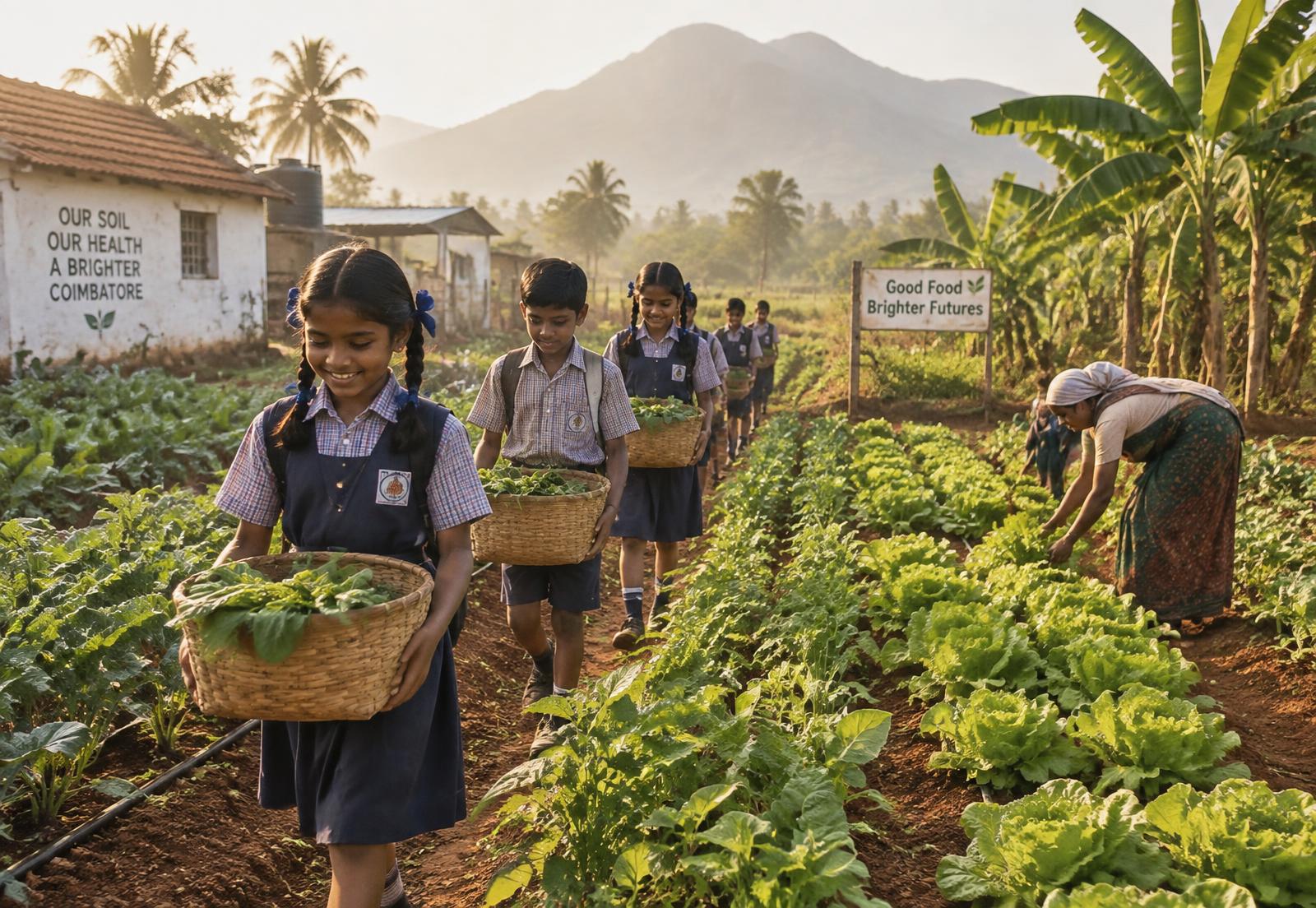 Students walking the crop rows with harvest baskets