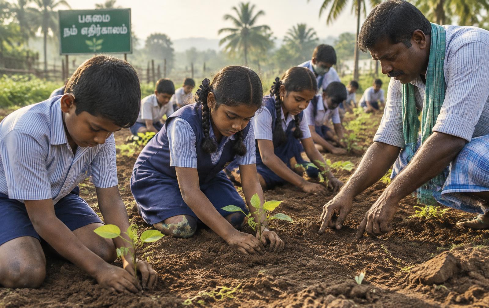 Students planting seedlings with a farm guide