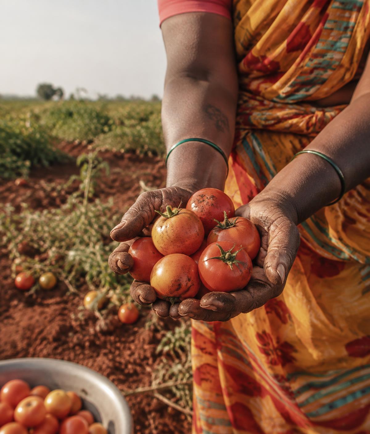 Hands holding freshly picked tomatoes